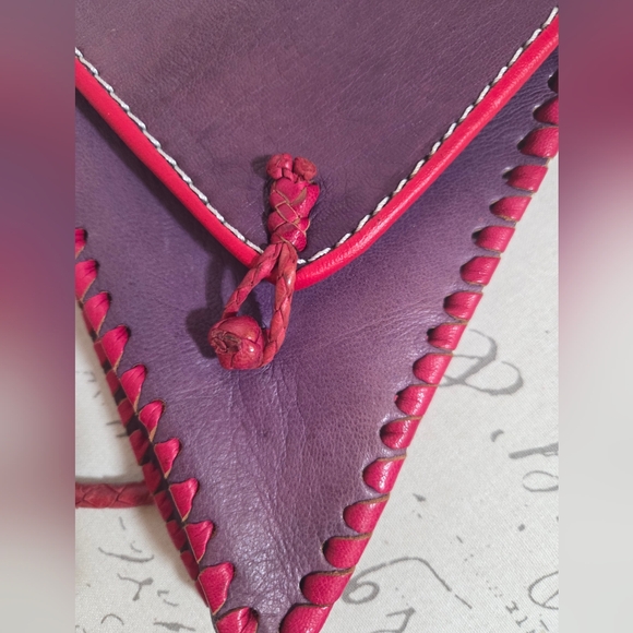 Handmade Pyramid Leather Whipstitch Crossbody Bag Purple and Red - Picture 7 of 12